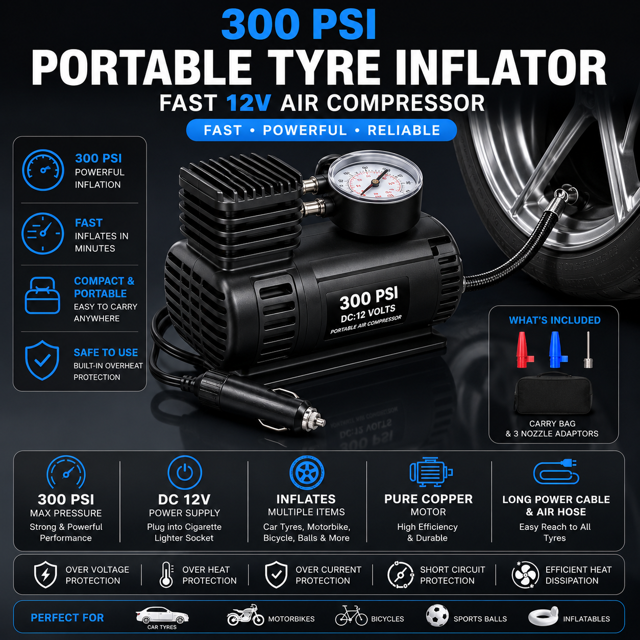 300 PSI Portable Tyre Inflator β Fast 12V Air Compressor