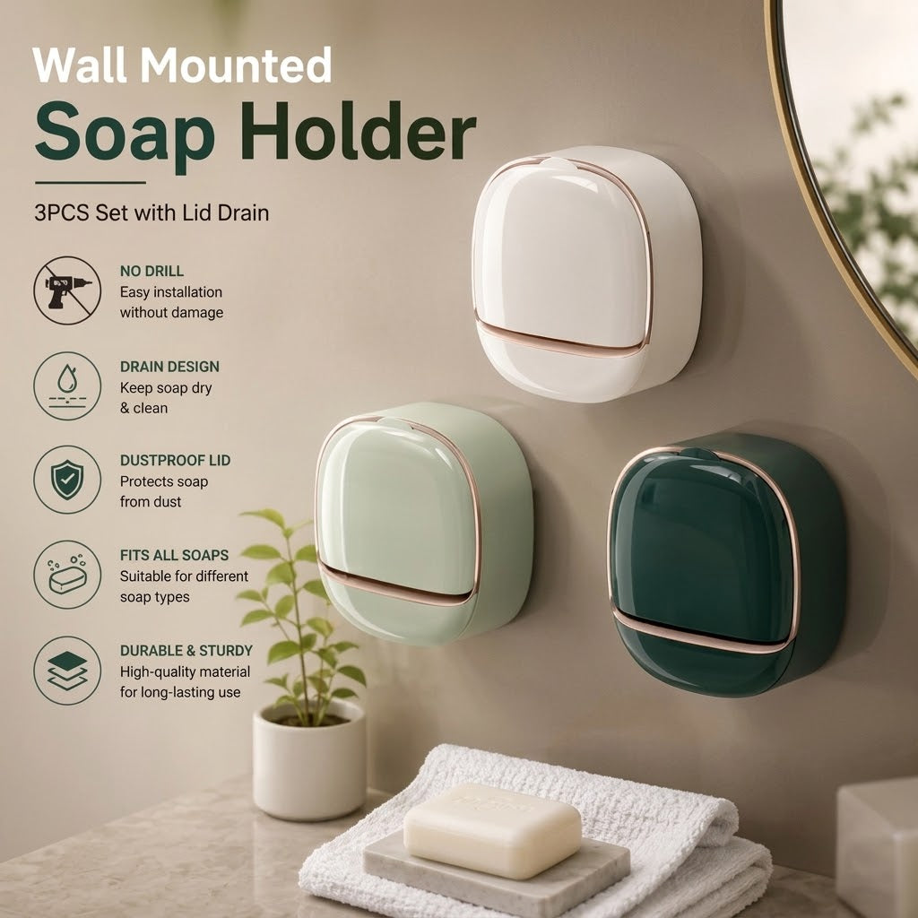Wall-Mounted Flip-Cover Soap Holder – Waterproof Soap Dish with Drainage