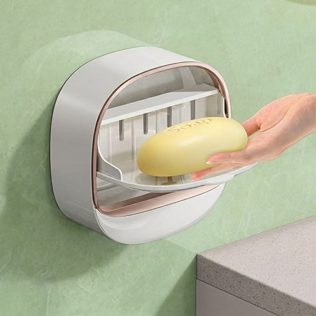 Wall-Mounted Flip-Cover Soap Holder – Waterproof Soap Dish with Drainage