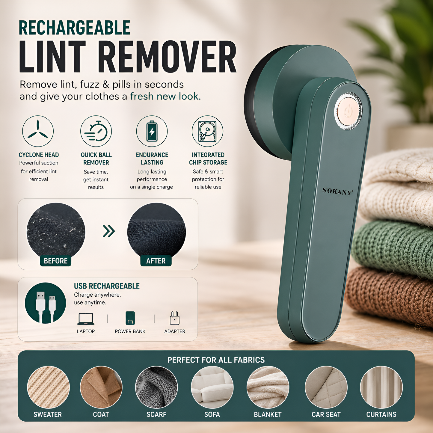Rechargeable Electric Lint Remover – Fabric Shaver for Clothes, Sweaters & Upholstery