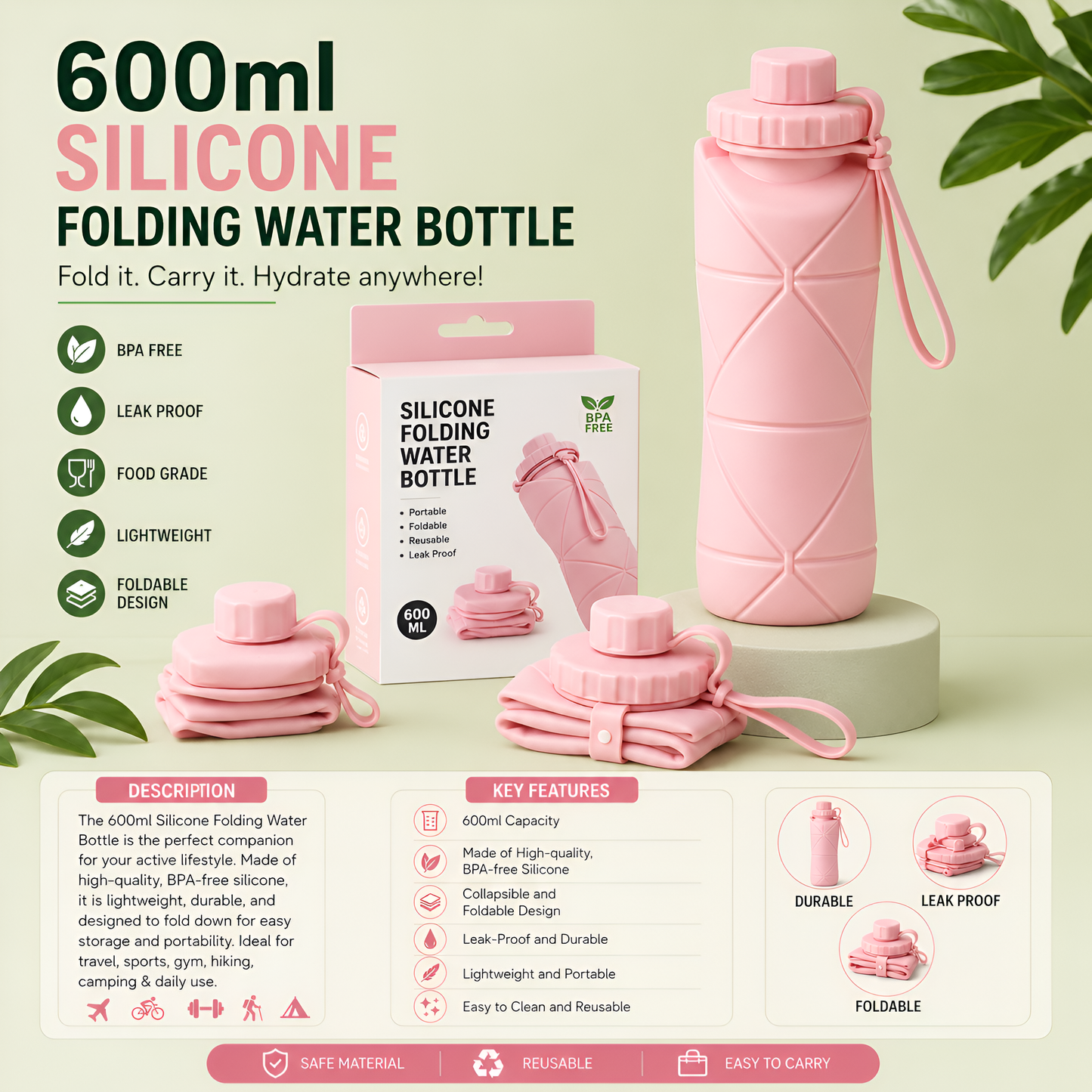 600ml Foldable Silicone Water Bottle – Portable & Space Saving
