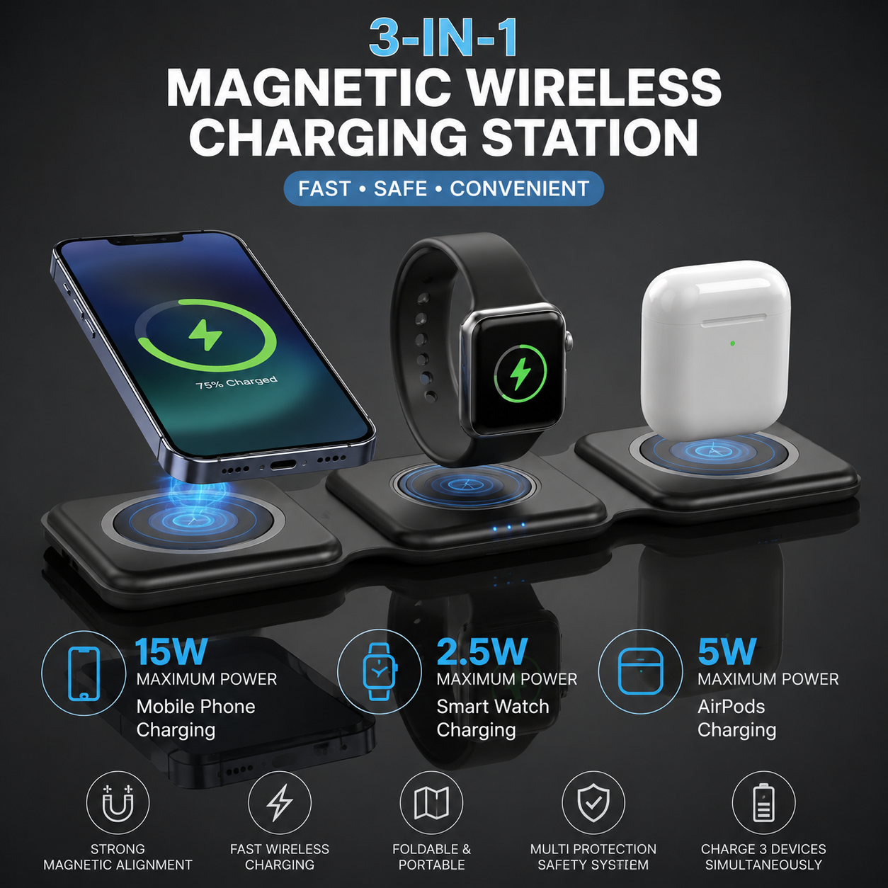 3-in-1 Magnetic Foldable Wireless Charging Station – 15W Fast Charger