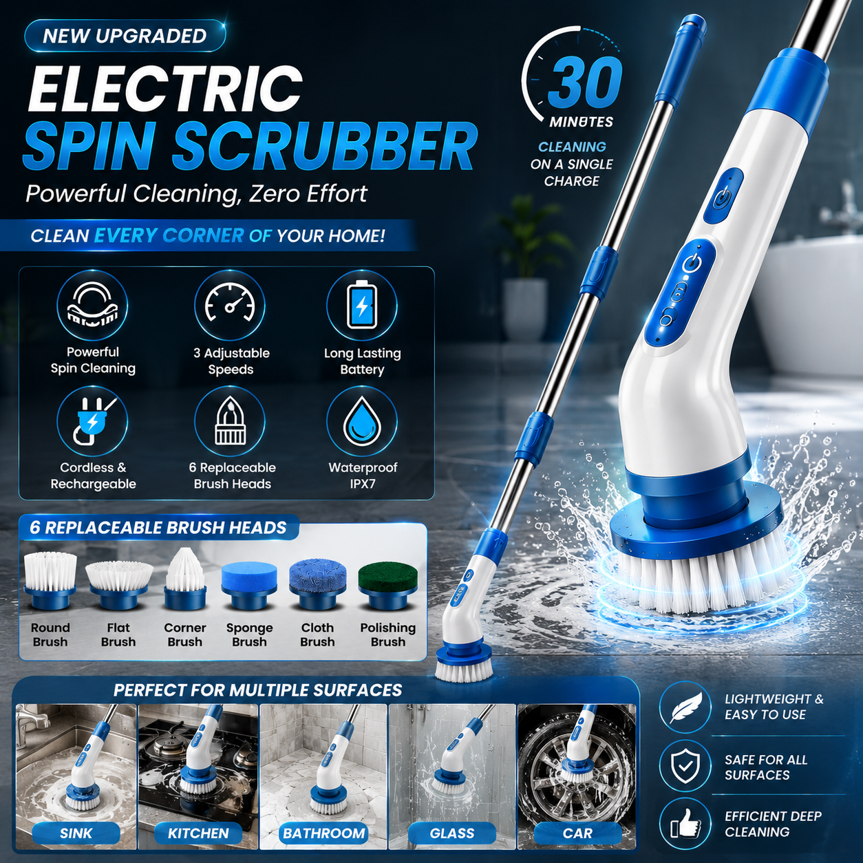 Electric Spin Scrubber – Cordless Power Cleaning Brush with Multiple Heads