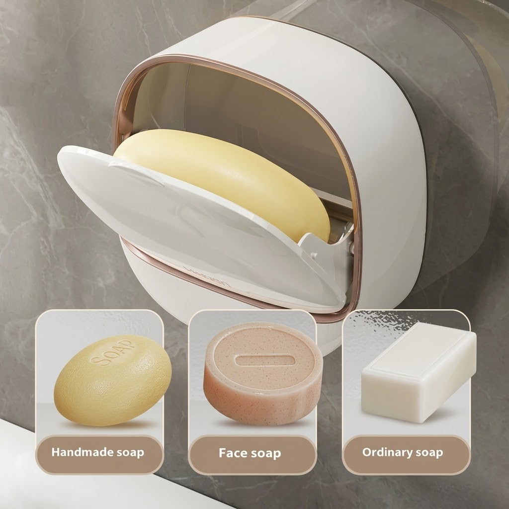 Wall-Mounted Flip-Cover Soap Holder – Waterproof Soap Dish with Drainage