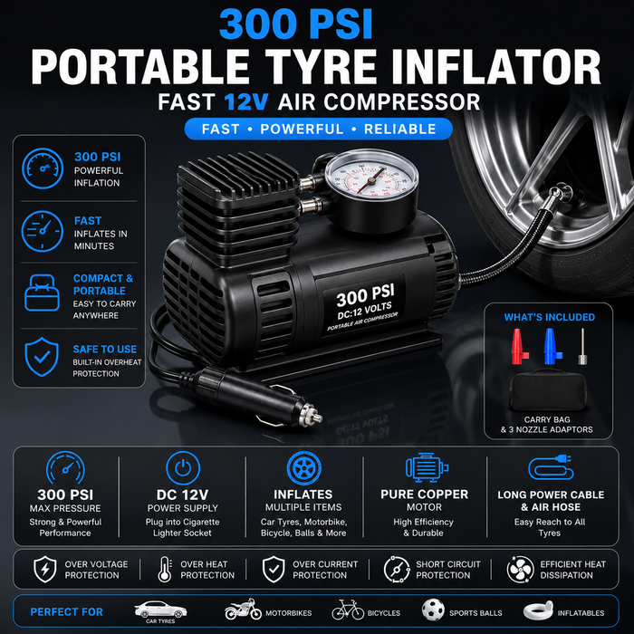 300 PSI Portable Tyre Inflator – Fast 12V Air Compressor
